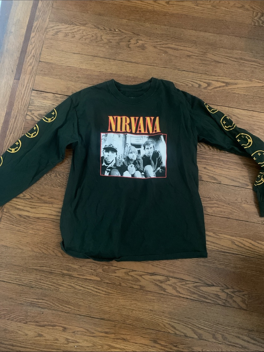 NIRVANA Black Long-Sleeve Band Tee with Yellow Sleeve Smiley Logos